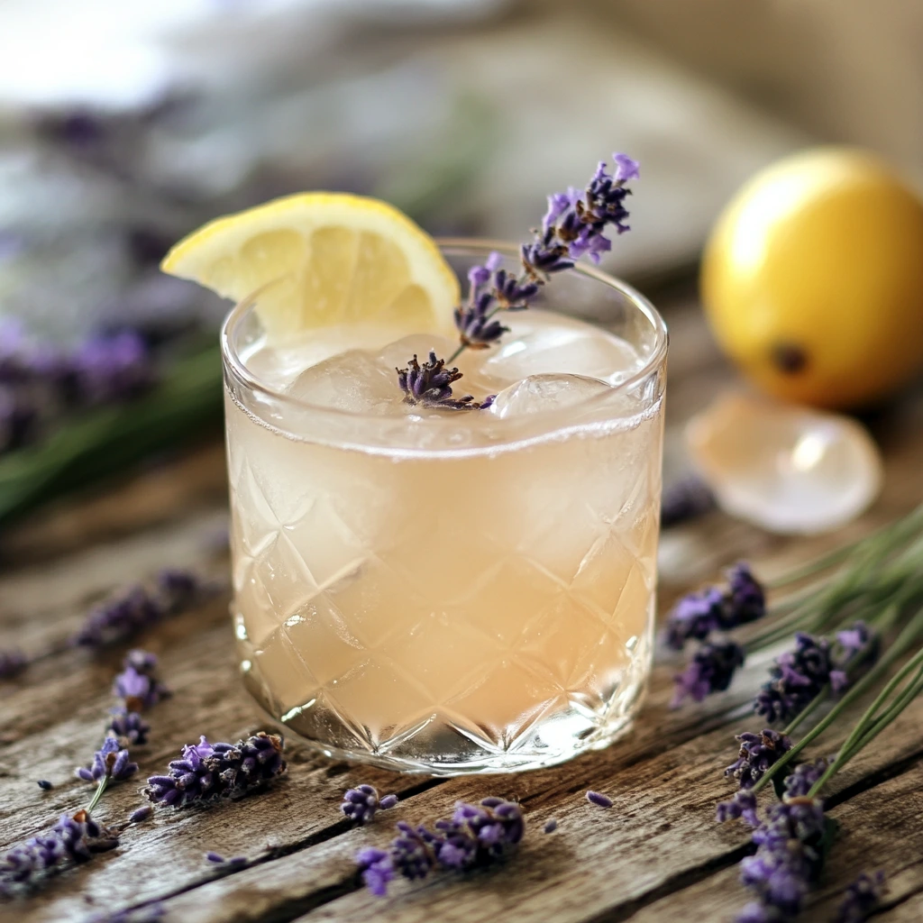 Lavender Gin Sour cocktail in a coupe glass with lavender sprig garnish