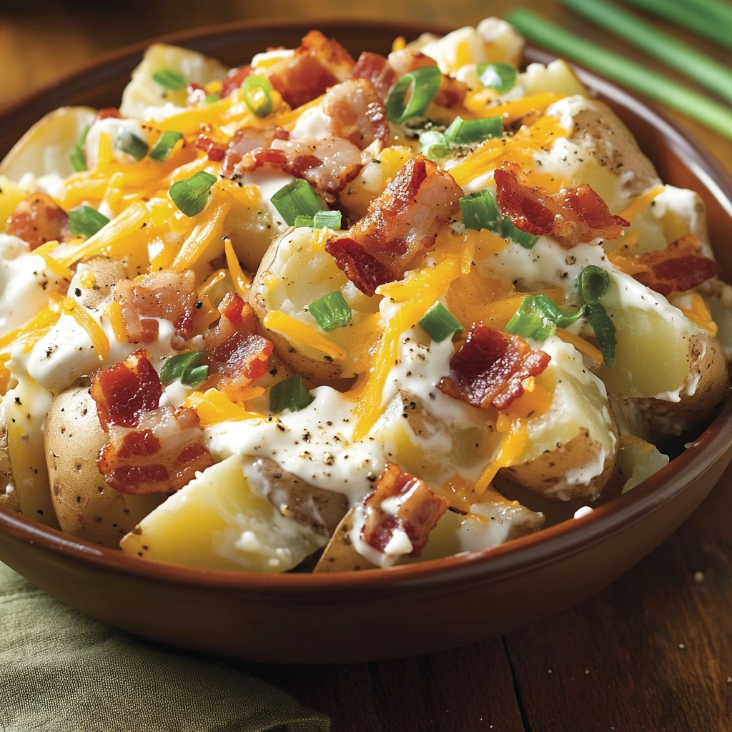 Loaded Baked Potato Salad served in a large bowl