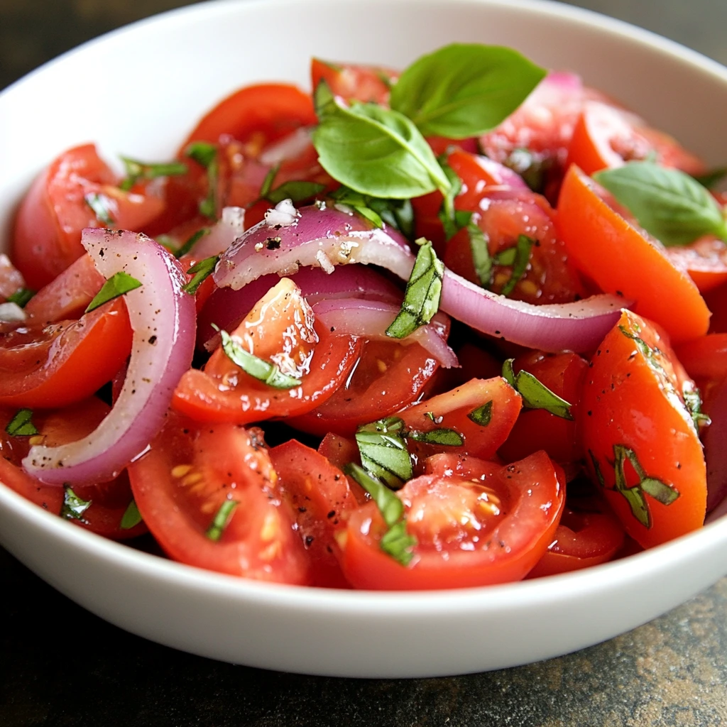 Tomato and Red Onion Salad Recipe served in a white bowl