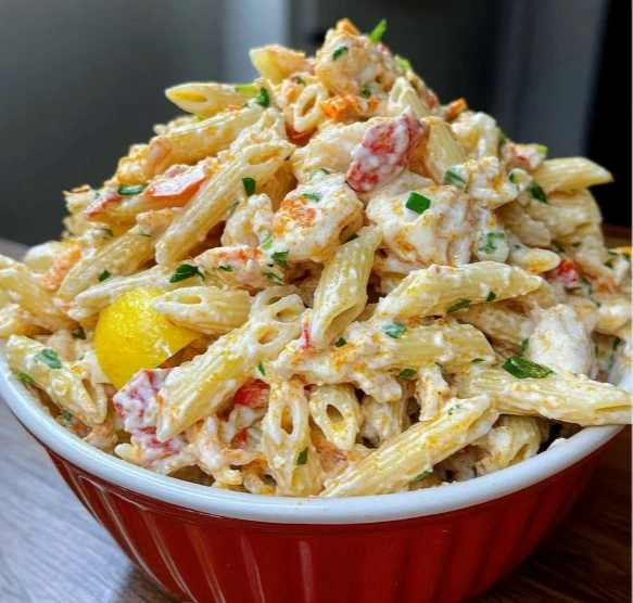 Creamy seafood pasta salad with lobster and summer vegetables
