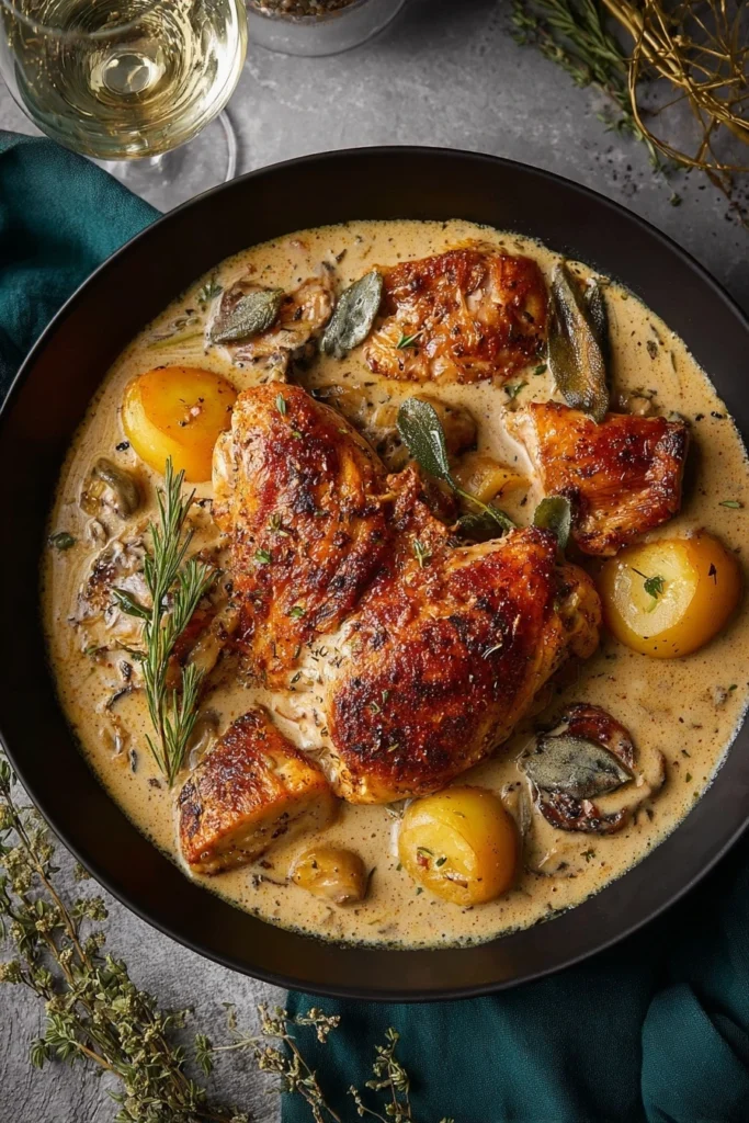 Herb Roasted Chicken in Creamy White Wine Sauce