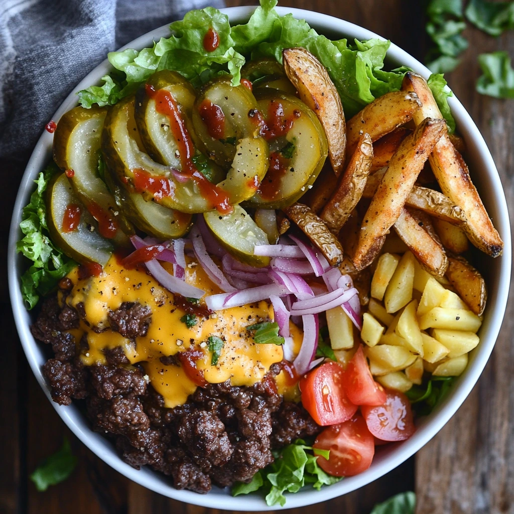 "Classic burger bowl with lettuce, tomato, beef patty, and sauce