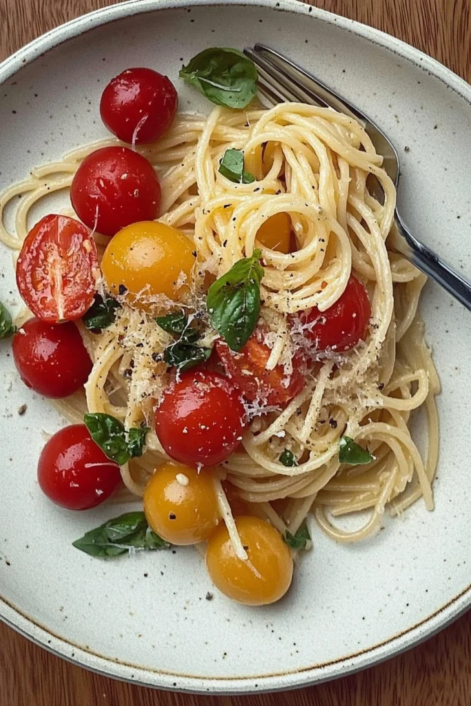 Spaghetti with Cherry Tomatoes, Garlic, Basil