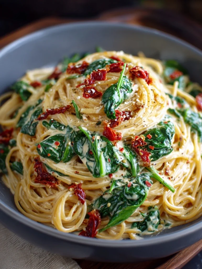 Spaghetti Spinach with Sun-Dried Tomato Cream Sauce