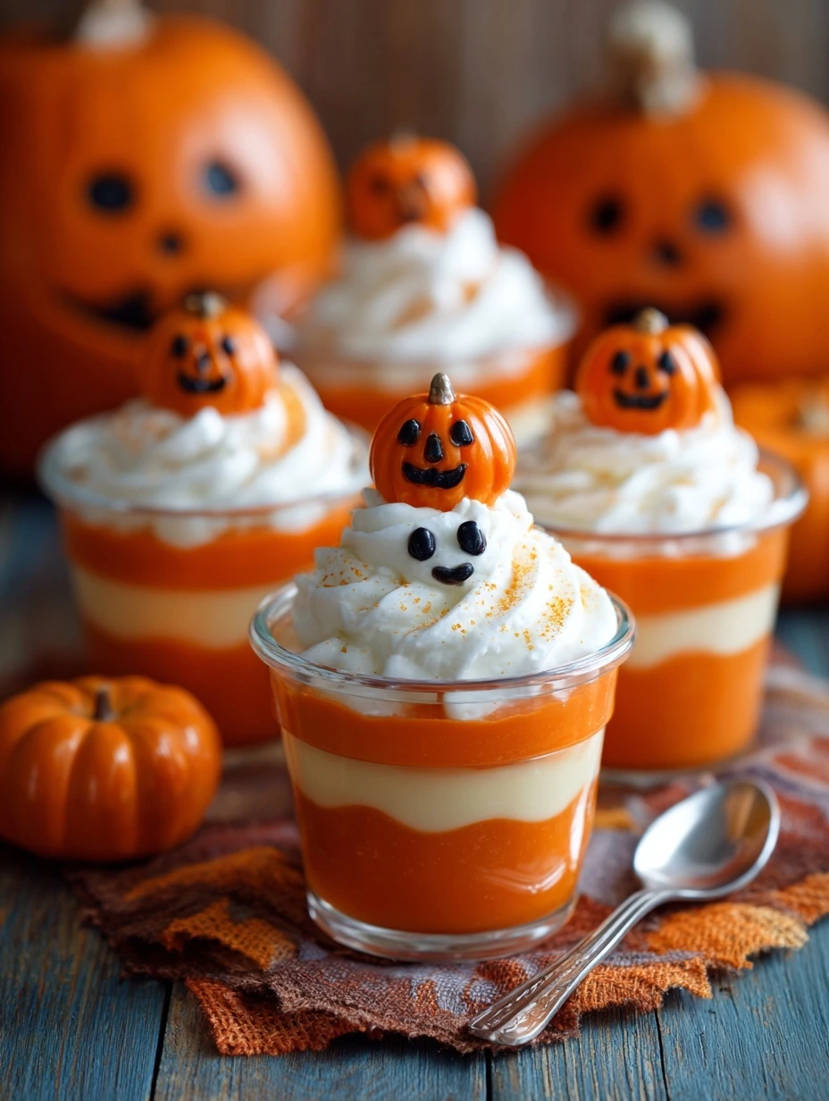 Pumpkin Patch Pudding Cups easy Halloween party food for kids on a decorated table