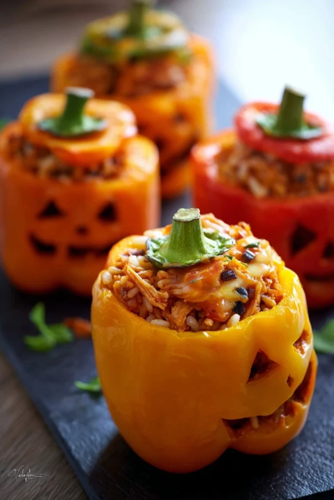 SHREDDED CHICKEN & RICE STUFFED PEPPERS (HALLOWEEN STYLE)