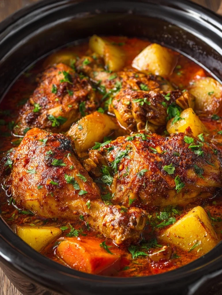 Creamy garlic chicken cooked in a crockpot with herbs and sauce