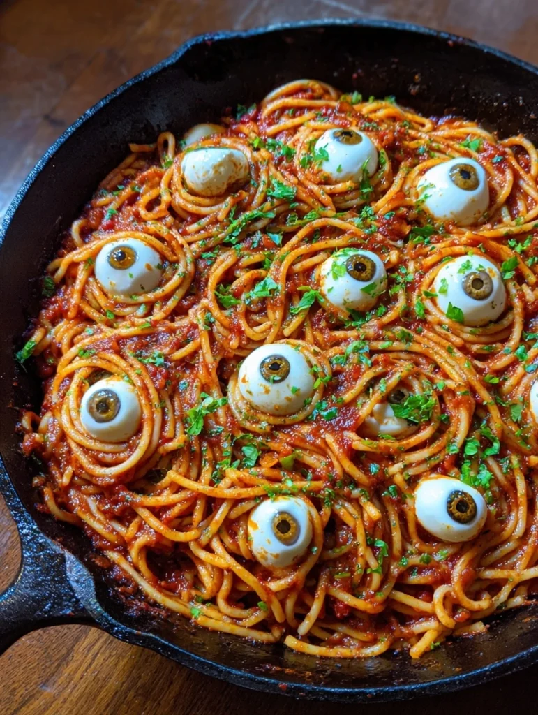 Halloween Dinner Ideas Bloody Spaghetti with Mozzarella Eyeballs