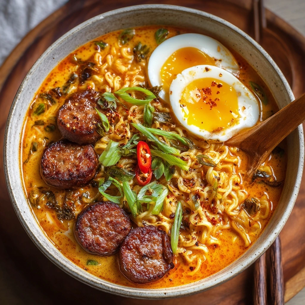 Creamy Spicy Ramen Noodles With Sausage