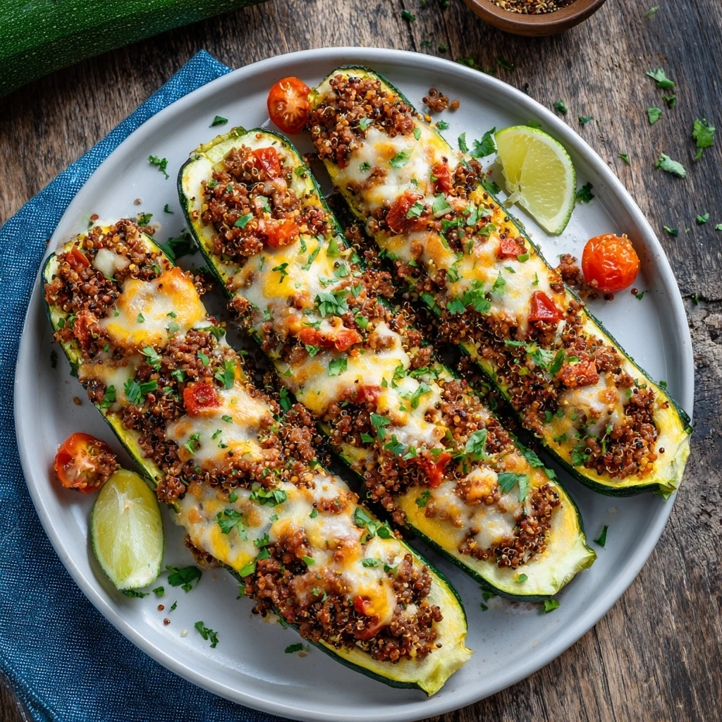 Ground Beef & Quinoa Stuffed Zucchini Boats