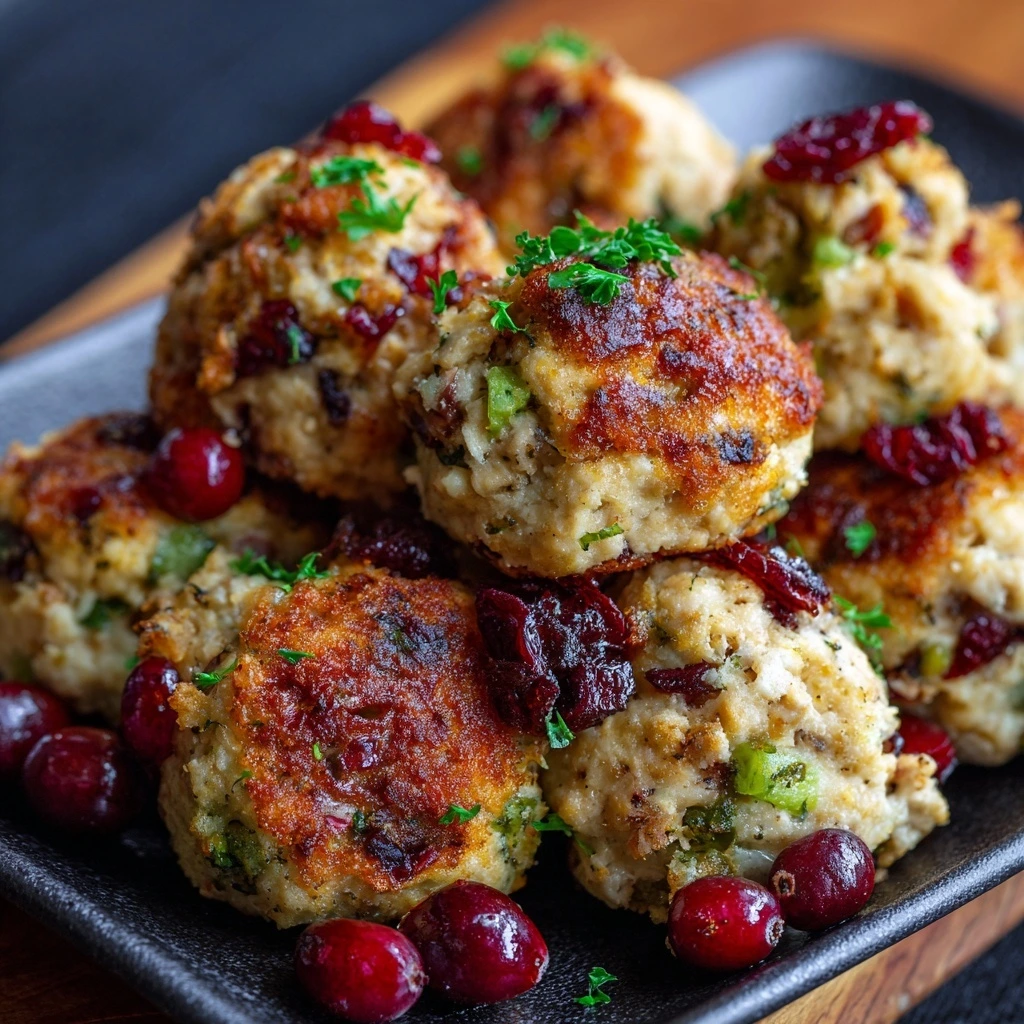 Cranberry turkey stuffing balls served with gravy and cranberry sauce – perfect for Thanksgiving recipes