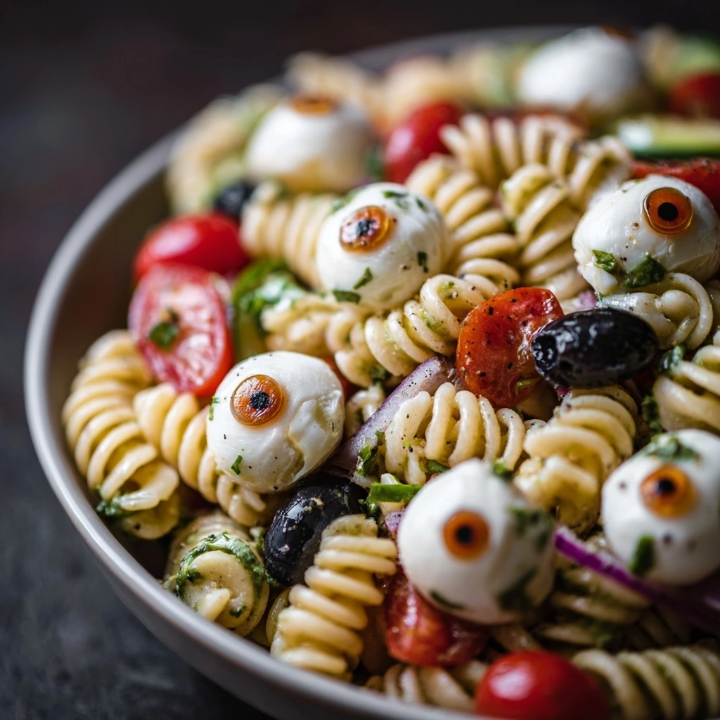 Eyeball Pasta Salad – Creepy pasta salad with mozzarella eyeballs